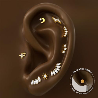 14K Gold Plated 925 Sterling Silver Flat Back Earrings Set | Hypoallergenic Cartilage Helix Conch Tragus Piercing Jewelry 3 Pairs Small Screw Dainty CZ Opal Earring Set Men Women - color: Gold, Style G