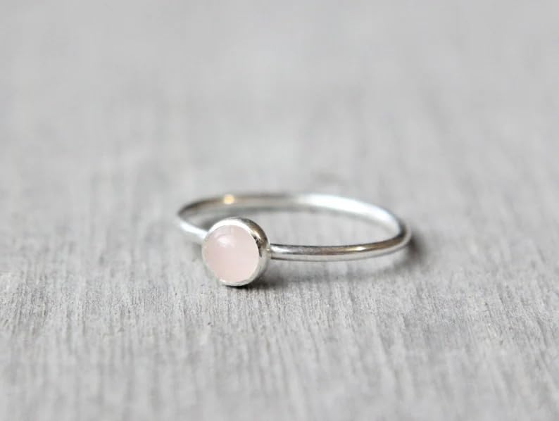 Solid 925 Sterling Silver Natural Rose Quartz Pink Round Gemstone Solitaire Stacking Band Handmade Women's Ring for Gift