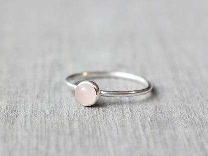 Solid 925 Sterling Silver Natural Rose Quartz Pink Round Gemstone Solitaire Stacking Band Handmade Women's Ring for Gift