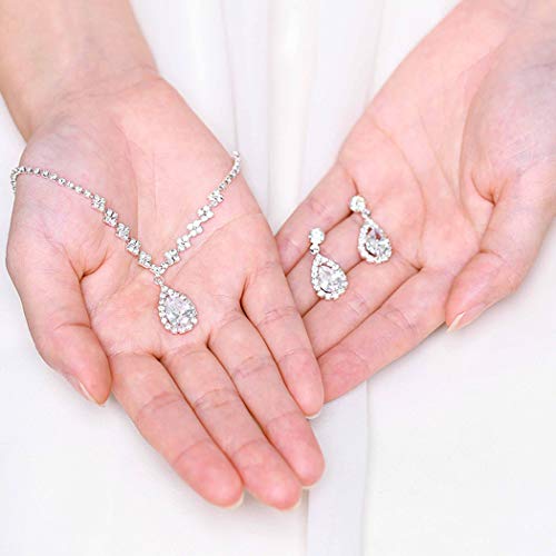 JAKAWIN Silver Clip On Earrings and Necklace Set Wedding Jewelry Sets | Rhinestone Bridal Necklaces for Women