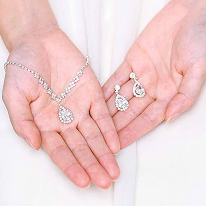 JAKAWIN Silver Clip On Earrings and Necklace Set Wedding Jewelry Sets | Rhinestone Bridal Necklaces for Women
