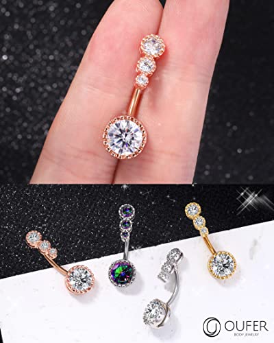 OUFER 316L Surgical Steel Belly Button Rings, Clear CZ Navel Rings, Belly Piercing Jewelry - color: Rosegold Bar, Clear CZ