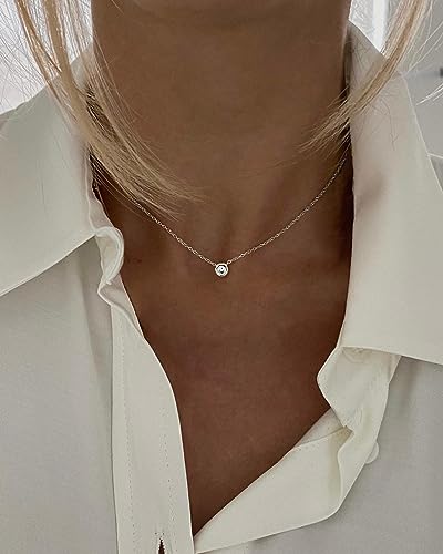 Tewiky Dainty 14k Gold Plated/Silver Cubic Zirconia Necklaces for Women, Simple CZ Jewelry Necklaces Trendy Gifts - color: Silver Bezel CZ