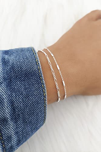 Stacking Bracelet Silver, Minimalist Simple Gourmet Satellite Rectangles Lace Heart Chain Bracelets, 925 Sterling Arm Jewelry for Women, Length 6.5-7.5 Inches - style: Figaro Chain