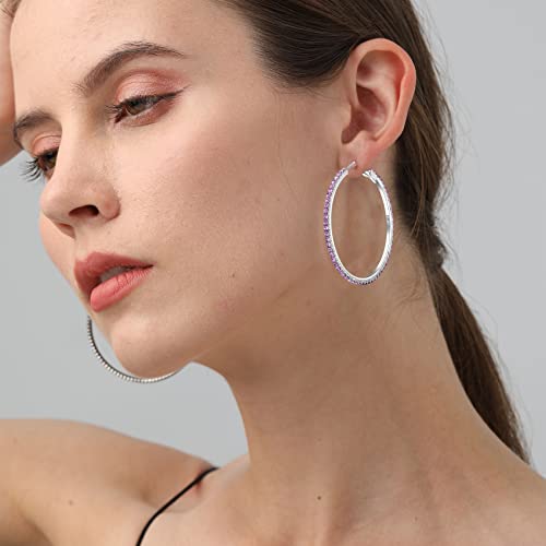 925 Sterling Silver Earrings Large Rhinestone Hoop Earrings Big Cubic Zirconia Hoop Earrings Thin Rhinestones Round Hoop Earrings for Women 20/30/40/50/60/70mm Sparkly Hoops With Crystals for Womens - color: purple,50mm