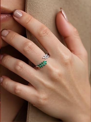 Adjustable Open Leaf & Vine Ring with Gemstone & Diamond | Cuff Deco Ring for Women Men | Adjustable Cuff Vine Leaf Deco Rings - color: Silver Green