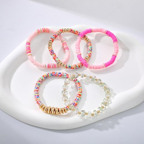 Summer Surfer Heishi Bracelet Set for Women Stackable Gold Plated Clay Ploymer Bead Stretch Pink Beach Layering Bracelets Jewelry - color: B-A1