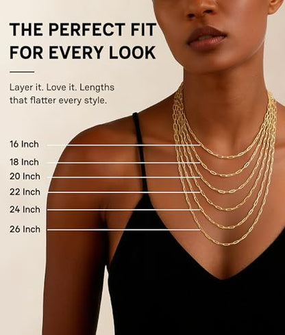 3MM Paperclip Necklace 925 Sterling Silver Paperclip Chain Necklace for Women, Sturdy & Durable Women's Chains Necklace, 16 18 20 22 24 26 Inch - color: 14K Gold Plated
