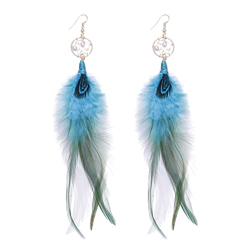 Bohemian Pheasant Peacock Long Feathers Statement Earrings Handmade Natural Lightweight Feather Dangle Earrings for Women (ea000071) - color: Dreamcatcher Blue