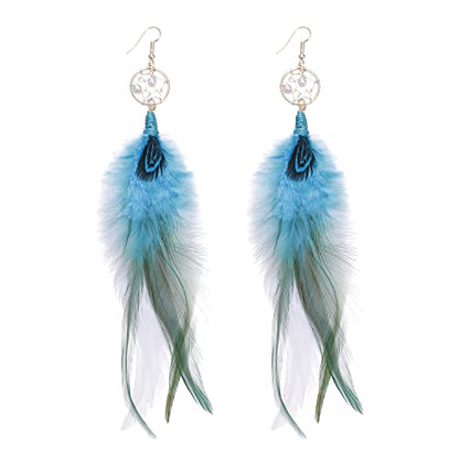 Bohemian Pheasant Peacock Long Feathers Statement Earrings Handmade Natural Lightweight Feather Dangle Earrings for Women (ea000071) - color: Dreamcatcher Blue