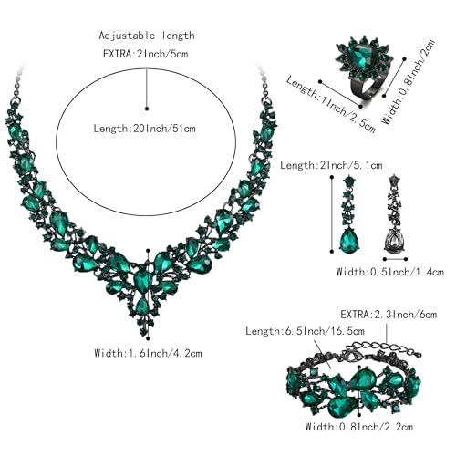 Wedding Bridal Jewelry Set for Women Bride Bridesmaids | Gorgeous Austrian Crystal Teardrop Cluster Statement Necklace Dangle Earrings Link Bracelet Set Prom Jewellery - color: 4Pcs- Emearld Color Black-Tone