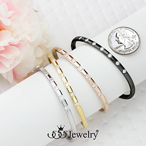 555Jewelry Stainless Steel Thin CZ Cuff Hinged Bangle Bracelet for Women - color: Silver