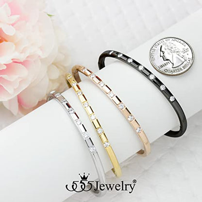 555Jewelry Stainless Steel Thin CZ Cuff Hinged Bangle Bracelet for Women - color: Silver