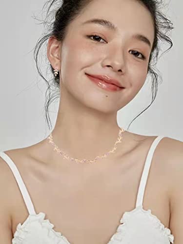 Austrian Crystal Rhinestone Choker Necklace Elegant Flower Leaf Chain Necklace Jewelry for Party Prom Costume Accessories for Women - color: Pink-Gold Plated