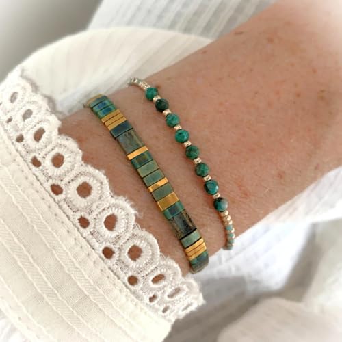 Tila Flat Beaded Stretch Bracelets for Women Stackable Gold Colorful Seed Beads Boho Bracelet Stack Adjustable Rope String Friendship Jewelry Trendy Holiday Gift - color: turquoise