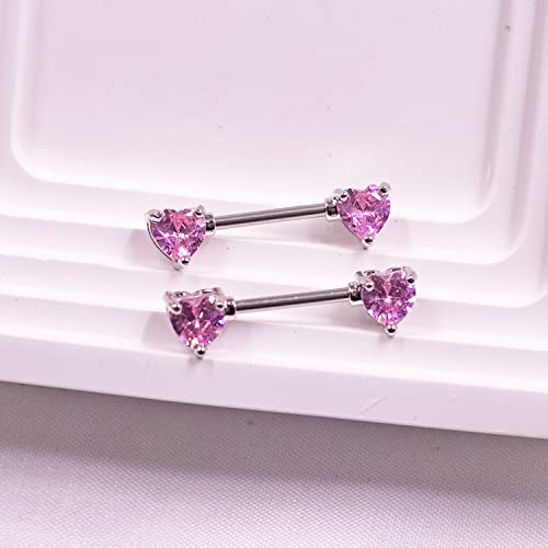 VERAMI 14G Stainless Steel Heart Nipple Rings and Barbell - Butterfly, Starlight Acrylic Ball, Tongue Rings for Women and Men - color: T-PINK-CZ
