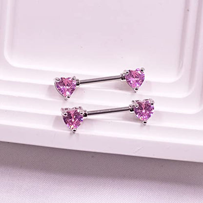 VERAMI 14G Stainless Steel Heart Nipple Rings and Barbell - Butterfly, Starlight Acrylic Ball, Tongue Rings for Women and Men - color: T-PINK-CZ