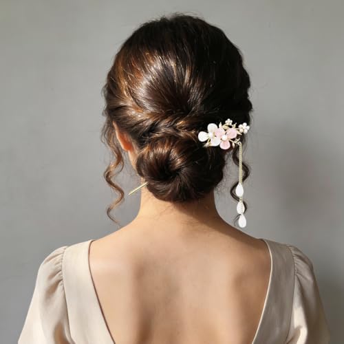 6Pcs Chinese Hair Sticks Set Pink Chinese Hair Sticks with Pearl, Butterfly & Flower Design, Japanese Hair Pin, Traditional Asian Hairpins for Bun Updo - color: 6pcs Pink