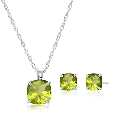 MAX + STONE 14k Gold Plated or Sterling Silver Cushion Cut Gemstone Stud Earrings and Pendant Necklace for Women with 6mm and 8mm Birthstones 18 Inch Chain and Push Backs Jewelry Set - style: Sterling Silver|Genuine Peridot