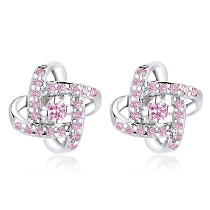 Amy & Annette Sterling Silver Love Knot Stud Earrings with Crystals | Hypoallergenic Aretes de Plata Para Mujer | 925 Sterling Silver Earring | Stud Earrings for Women | Lightweight - color: Pink