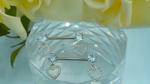 HQLA 14G Dainty CZ Love Heart Nipple Rings Tongue Ring Surgical Steel Nipple rings Piercing Women Barbells 2Pcs 25/8"(16mm) - style: Silver - Style D - Dangle CZ Love