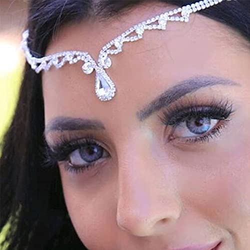 Missgrace Women Bridal Rhinestone Gold Forehead Head Chain Clip Headband Boho Crystal Teardrop Headpiece Hair Jewelry Wedding Prom Party Halloween Festival Hair Accessories for Women (Silver) - color: Silver