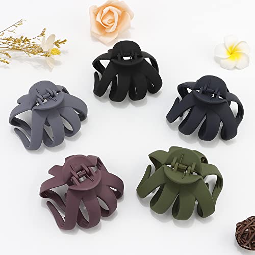 ATODEN Large Octopus Matte Jumbo Hair Clips for Thick Hair - 5 Pieces 3.15" Cute Giant Jaw Clips for Women - color: black, blue, purple, green, grey