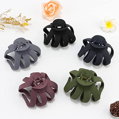 ATODEN Large Octopus Matte Jumbo Hair Clips for Thick Hair - 5 Pieces 3.15" Cute Giant Jaw Clips for Women - color: black, blue, purple, green, grey
