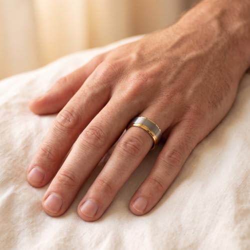 Tungsten Wedding Band Ring Black 10mm Men Women Comfort Fit 18k Rose Gold Step Edge Brushed Polished - color: Yellow Gold Grey Tungsten