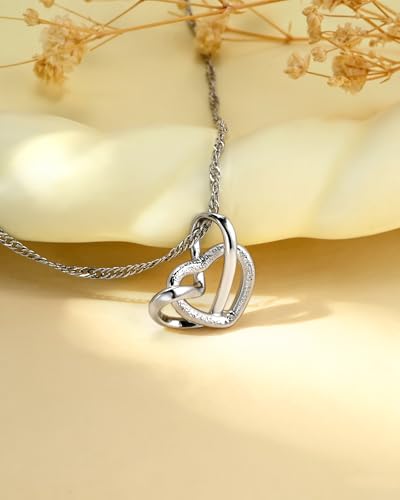 Silver Double Heart Pendant Necklace for Women Interlocking Heart Design with Twisted Rope Chain Dainty Jewelry Gift for Her