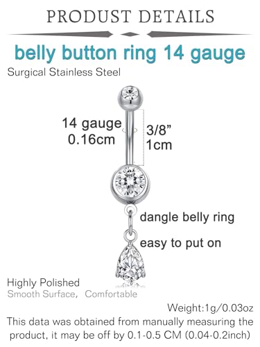 QWALIT Belly Button Rings 14G Surgical Steel Belly Rings CZ Opal Navel Piercing Jewelry for Women Girls 3/8" 10mm Silver Rose Gold - color: G1- Mix 6pcs - silver