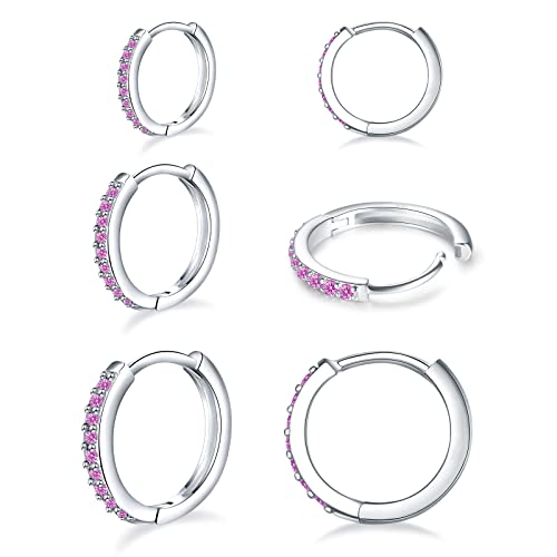 3 Pairs 925 Sterling Silver Small Hoop Earrings for Women Men | Cubic Zirconia, 14K White Gold Plated Huggie Hoop Earrings, Hypoallergenic - style: Q-pink cz 8/10/12mm
