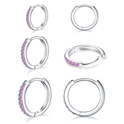 3 Pairs 925 Sterling Silver Small Hoop Earrings for Women Men | Cubic Zirconia, 14K White Gold Plated Huggie Hoop Earrings, Hypoallergenic - style: Q-pink cz 8/10/12mm