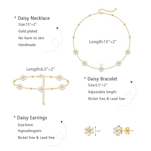 Zeffy Gold Pearl Necklace for Women, Dainty 14K Gold/Silve Plated Layered Pearl Choker Pearl Earrings Pearl Bracelets Wedding Trendy Gold Jewelry Set for Women Gifts - style: Gold Daisy Pearl Necklace Set-3PCS