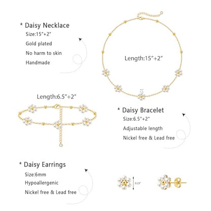 Zeffy Gold Pearl Necklace for Women, Dainty 14K Gold/Silve Plated Layered Pearl Choker Pearl Earrings Pearl Bracelets Wedding Trendy Gold Jewelry Set for Women Gifts - style: Gold Daisy Pearl Necklace Set-3PCS