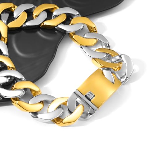 SDA Wide Chunky Gold Chain Necklace - Heavy and Waterproof 316L Surgical Steel with 18K Gold Plating for Modern Men and Women into Hip Hop Fashion - color: B115-Gold+White Gold