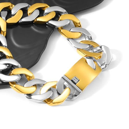 SDA Wide Chunky Gold Chain Necklace - Heavy and Waterproof 316L Surgical Steel with 18K Gold Plating for Modern Men and Women into Hip Hop Fashion - color: B115-Gold+White Gold