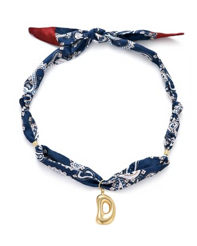 Initial Silk Scarf Necklace for Woman Paisley Bubble Letter Scarf Choker | Statement Blue Bandana Necklace, Handmade Western Jewelry for Country Cowgirl Mom,Mothers Day Gift - color: blue