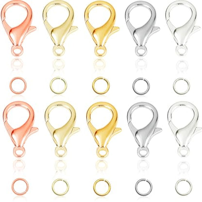 150Pcs Fadeless Lobster Claw Clasps (10mm) & Jump Rings for Jewelry Making, Necklace Bracelet Findings & Supplies (Mixed Color) - color: Mixed Color