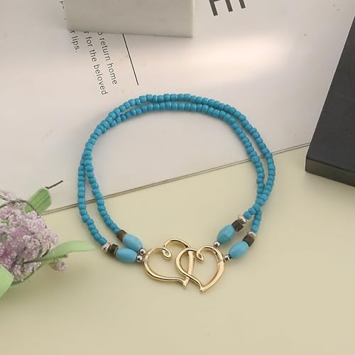 Elastic Beaded Ankle Bracelets for Women Double Heart Layered Stretch Ankle Bracelets Waterproof Dainty Boho Beaded Anklets for Summer Beach Foot Jewelry - color: Blue-Green Gold