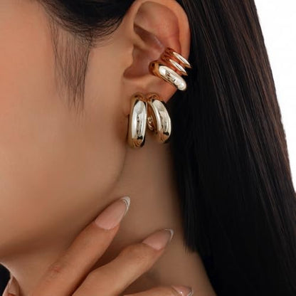 Chunky Gold Huggie Earrings Sets for Women Vinatge Non Piercing Ear Cuff Statement Earrings Personalized Large Clip On Hoop Earrings Fashion Jewelry - color: Silver