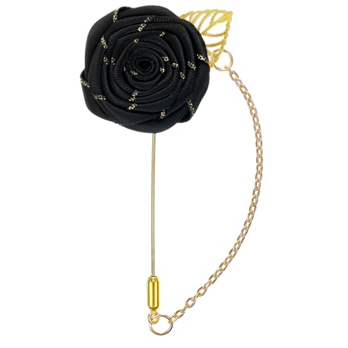 Gold Lapel Pin for Men, Gold Foil Brooch Men's White Flower Satin Lapel Pin with Metal Chain for Suits Professional Tuxedo Groom Wedding Brooch - color: Black
