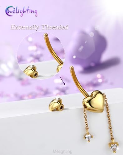 Melighting 14G Gold Belly Button Ring Dangle Chain, 10 mm Stainless Steel Belly Piercing Jewelry with CZ Heart Star Design, Cute Silver Navel Ring for Beach Daily Wear Women - color: Gold Heart