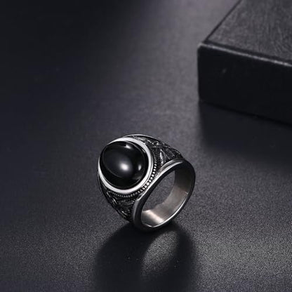 OIDEA Signet Rings for Men: St Michael The Great Protector Archangel Defeating Satan Figurine Amulet Ring Biker Rings - color: Black Tiger Eye