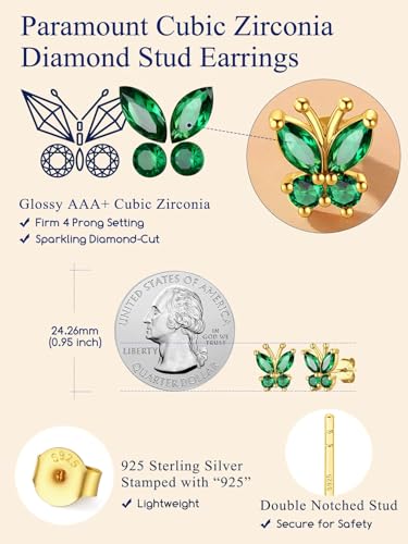 Suplight Butterfly Stud Earrings 925 Sterling Silver 14K Gold Brithstone Earrings for Women Brithstone Jewelry Gifts - color: 05.May( Emerald), size: Gold