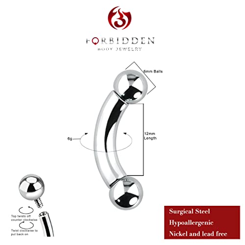Forbidden Body Jewelry Curved Barbell Piercing Jewelry - 00GA-16GA Silver Eyebrow Piercing - Surgical Steel Snake Eye Frog Eyes Tongue Rings & Belly Rings for Women (6/14mm Bar, 3/12mm Balls) - style: 6GA, 12mm Length, 6mm Balls