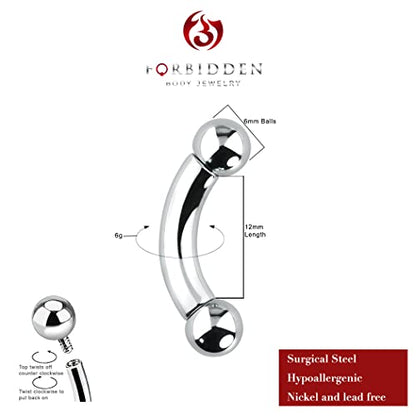 Forbidden Body Jewelry Curved Barbell Piercing Jewelry - 00GA-16GA Silver Eyebrow Piercing - Surgical Steel Snake Eye Frog Eyes Tongue Rings & Belly Rings for Women (6/14mm Bar, 3/12mm Balls) - style: 6GA, 12mm Length, 6mm Balls
