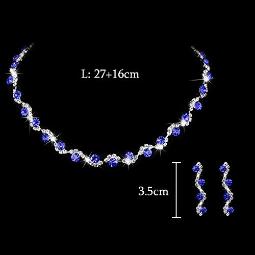 Bride Silver Necklace Earrings Set Crystal Bridal Wedding Jewelry Set Rhinestone Choker Necklace for Women and Brides - color: Blue