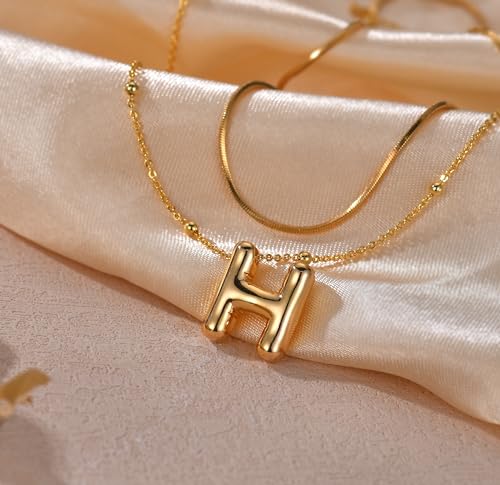 LUCA SMITH 2-Piece Initial Necklaces for Women, Dainty Balloon Bubble A-Z Letter Necklace Set, Name Letter Alphabet Pendant Layered Choker Necklaces Personalized Jewelry Gift - color: Gold bubble letter necklace, style: Initial Set-H