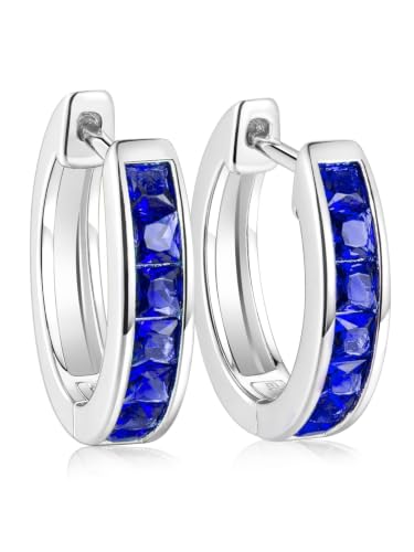 Chunky Emerald Sapphire Ruby Hoop Earrings, Princess or Round Cut, 14k Yellow Gold Plated Sterling Silver Cubic Zirconia Huggie Earings Minimalist Hoops Earrings for Women Wedding Daily Birthday - style: Princess cut -Sapphire -Silver